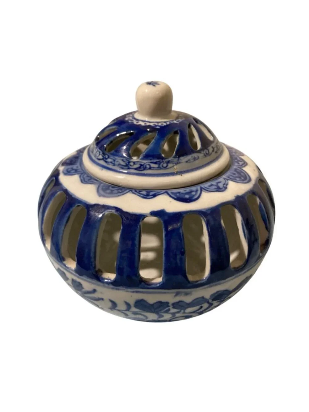 Vintage Blue and White Pierced Porcelain Chinoiserie Potpourri Vessel with Lid